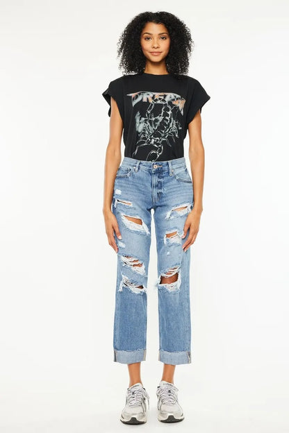 Hazel Blues® |  Kancan Mid Rise Distressed Boyfriend Fit Jeans