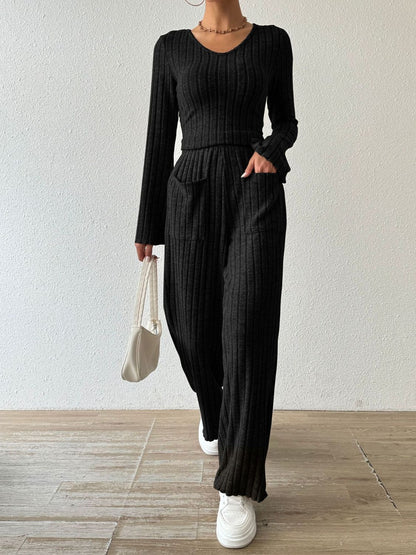 Hazel Blues® |  Ribbed V-Neck Long Sleeve Top and Pocketed Pants Set