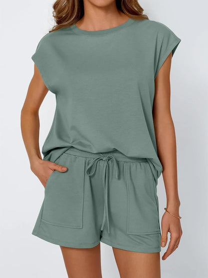Hazel Blues® |  Round Neck Cap Sleeve Top and Shorts Set