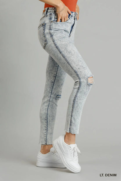 Hazel Blues® |  Umgee 5-Pockets Distressed Detail Stretch Denim Skinny Jeans with Unfinished Hem