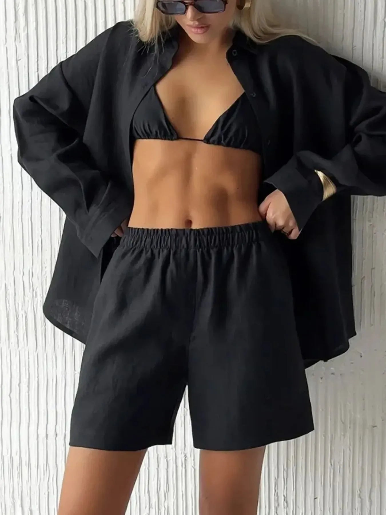 Hazel Blues® |  Button Up Long Sleeve Shirt and Shorts Set