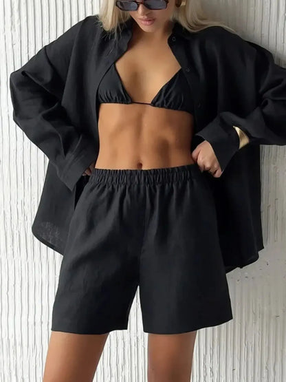 Hazel Blues® |  Button Up Long Sleeve Shirt and Shorts Set