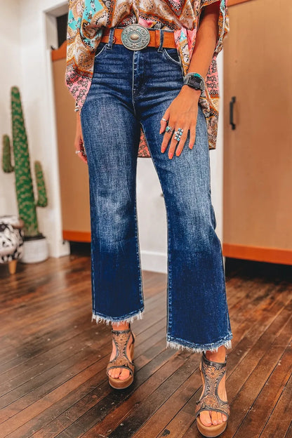 Hazel Blues® |  Mineral Wash Raw Hem High Waist Flared Jeans