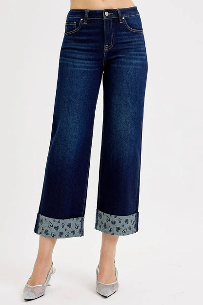 Hazel Blues® | RISEN Mid Rise Fit Crop Wide With Printed Cuff Jeans