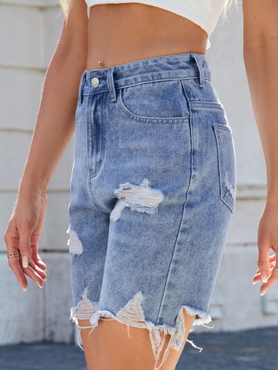 Hazel Blues® |  Distressed Raw Hem Denim Shorts
