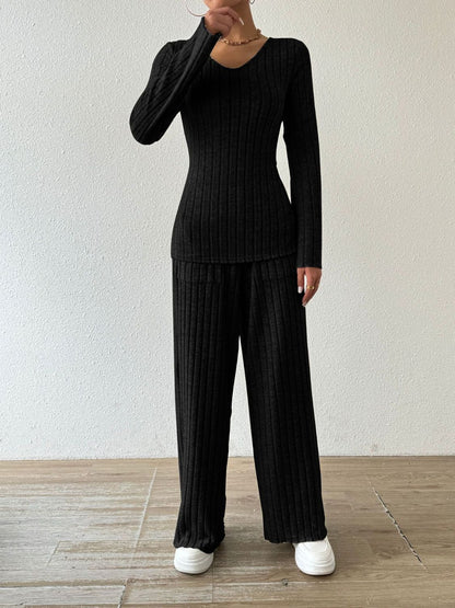 Hazel Blues® |  Ribbed V-Neck Long Sleeve Top and Pocketed Pants Set