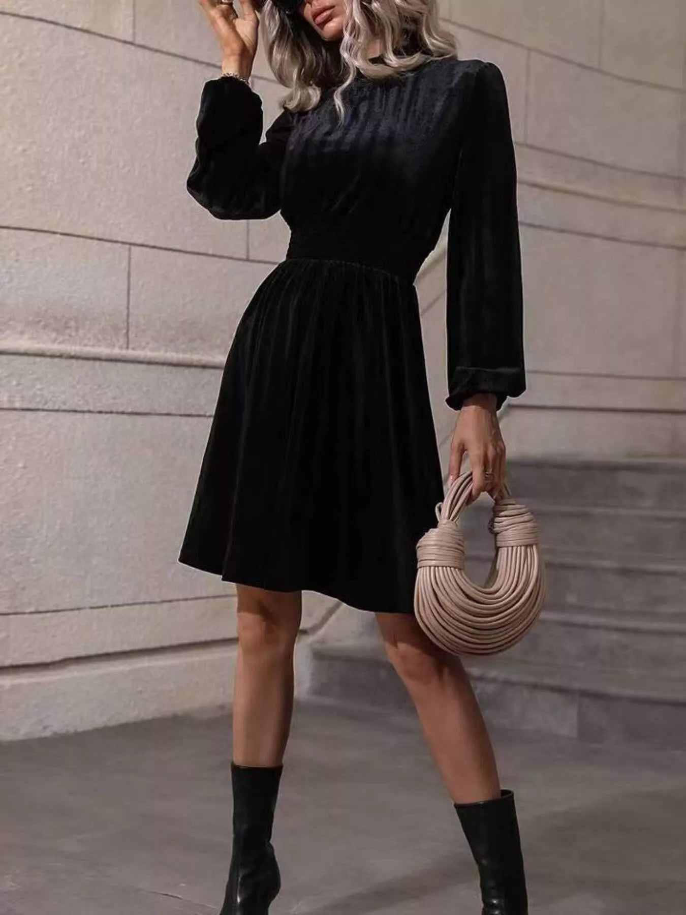 Hazel Blues® |  Velvet High Neck Long Sleeve A-Line Dress