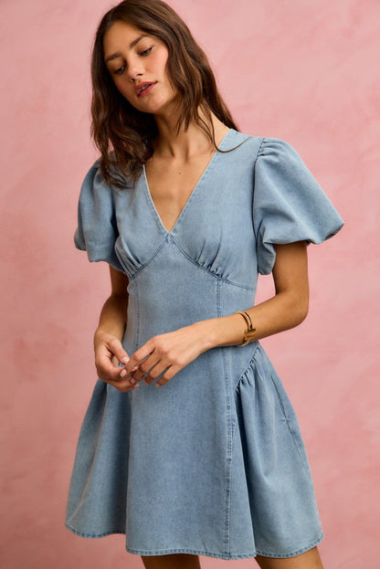 Hazel Blues® |  SO ME Bubble Sleeves Denim Fit And Flare Mini Dress