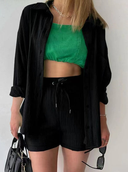 Hazel Blues® |  Textured Button Up Shirt and Shorts Set