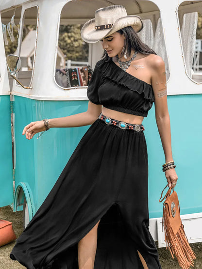 Hazel Blues® |  Ruffled Single Shoulder Top and Slit Skirt Set
