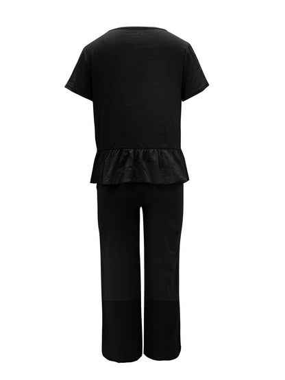 Hazel Blues® |  Peplum Round Neck Short Sleeve Top and Pants Set