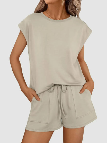 Hazel Blues® |  Round Neck Cap Sleeve Top and Shorts Set