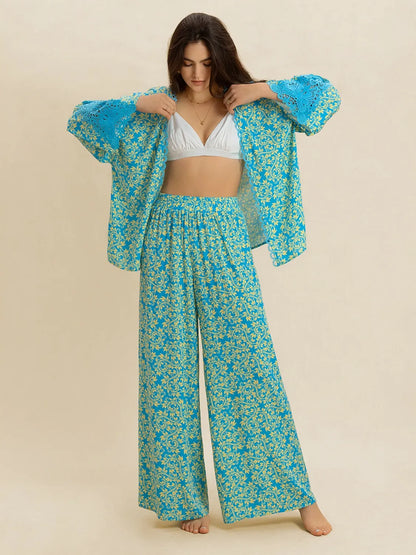 Hazel Blues® |  Boho Open Front Kimono Top & Wide Leg Pants Set