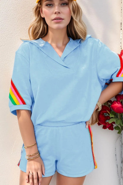 Hazel Blues® |  Rainbow Collared Short Sleeve Top and Shorts Set