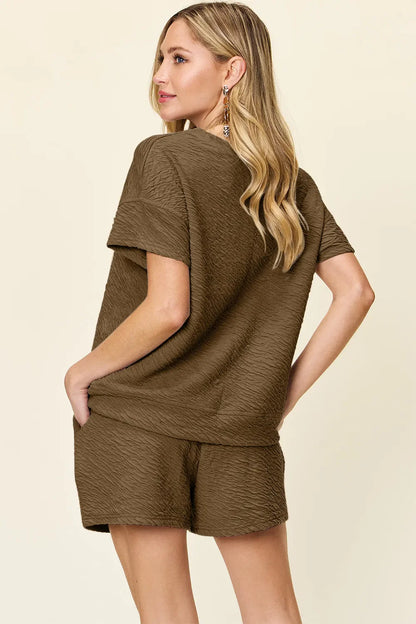 Hazel Blues® |  Double Take Texture Short Sleeve T-Shirt and Drawstring Shorts Set