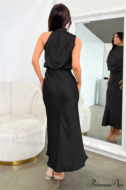 Addison Stretch Satin Charming Long Sleeve Midi Dress