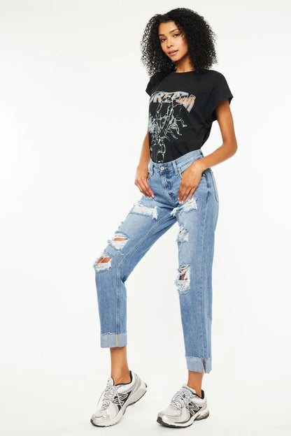 Hazel Blues® |  Kancan Mid Rise Distressed Boyfriend Fit Jeans