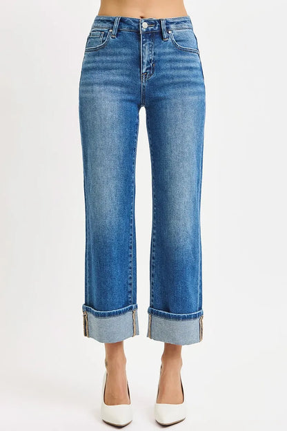 Hazel Blues® | RISEN Mid Rise Crop Straight Cuffed Jeans