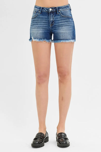 Hazel Blues® | RISEN Low Rise Frayed Denim Shorts