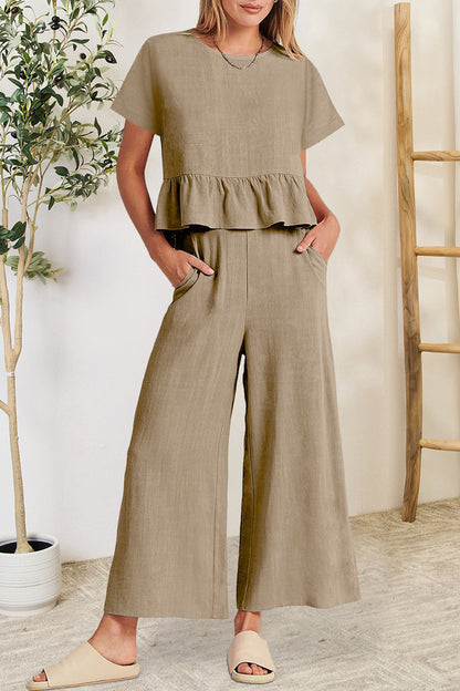 Hazel Blues® |  Peplum Round Neck Short Sleeve Top and Pants Set
