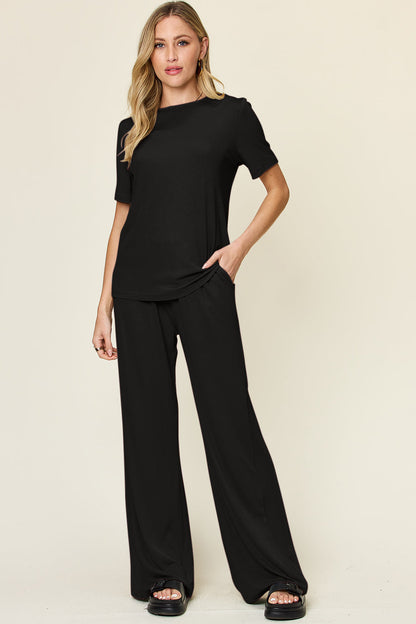 Hazel Blues® |  Double Take Round Neck Short Sleeve T-Shirt and Wide Leg Pants Set