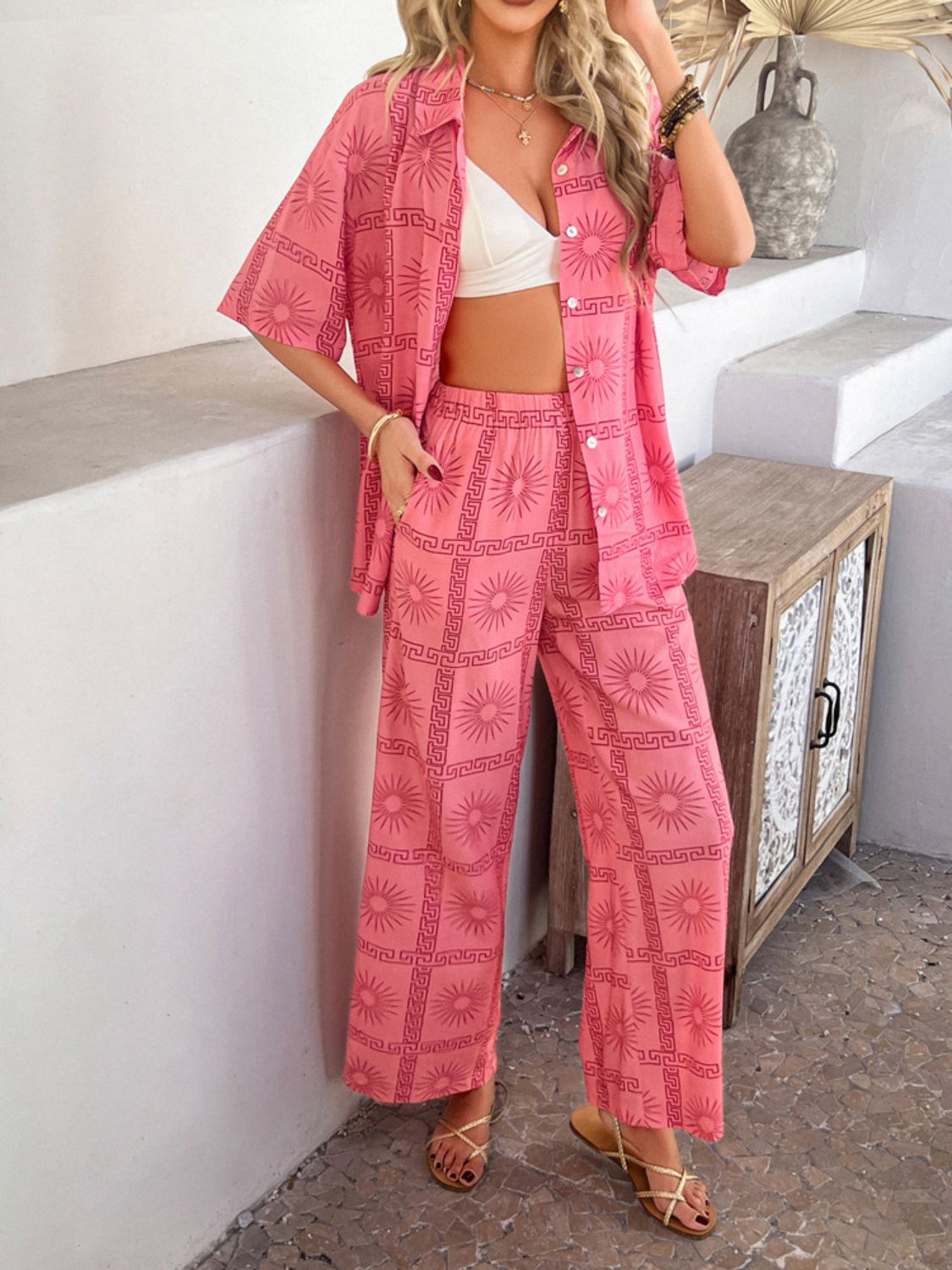 Hazel Blues® |  Devine Printed Button Down Shirt and Pants Set