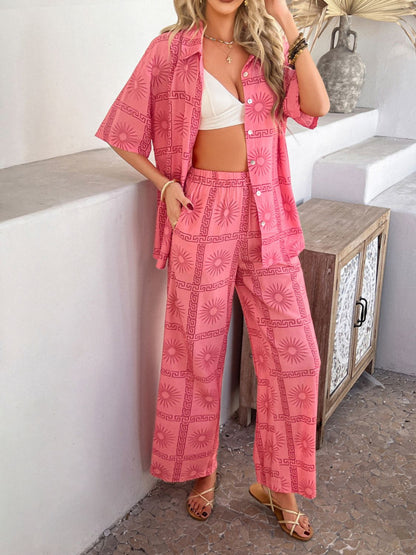 Hazel Blues® |  Devine Printed Button Down Shirt and Pants Set
