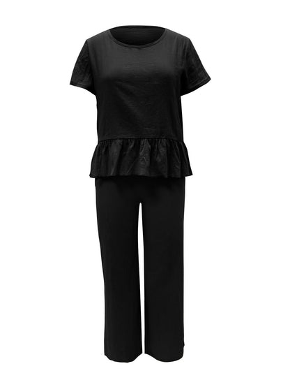 Hazel Blues® |  Peplum Round Neck Short Sleeve Top and Pants Set