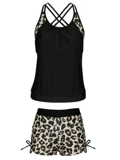 Hazel Blues® |  Crisscross Leopard Scoop Neck Two-Piece Swim Set