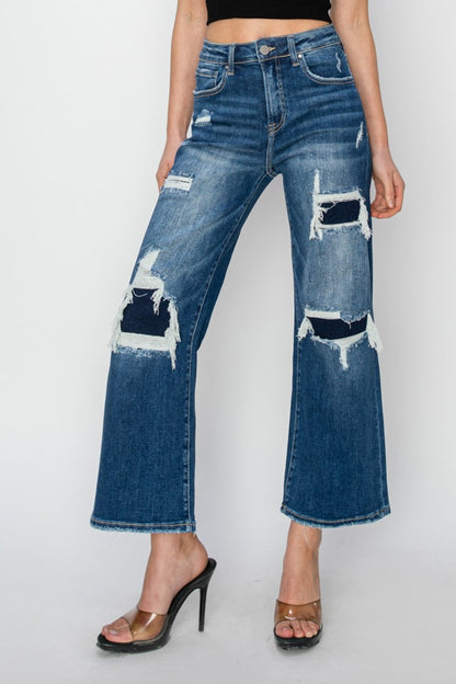 Hazel Blues® |  Risen High Rise Patch Detailed Wide Leg Crop Jeans