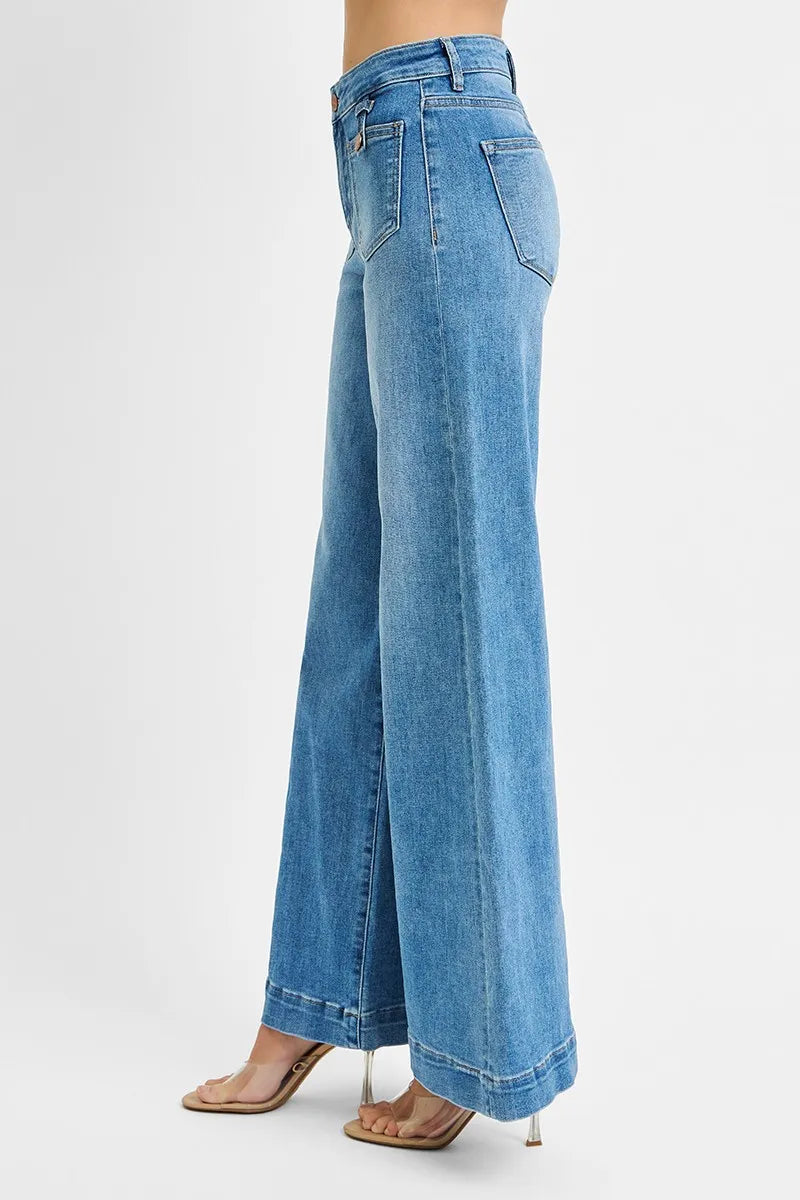 Hazel Blues® | RISEN Mid Rise Wide Front Patch Pocket Jeans