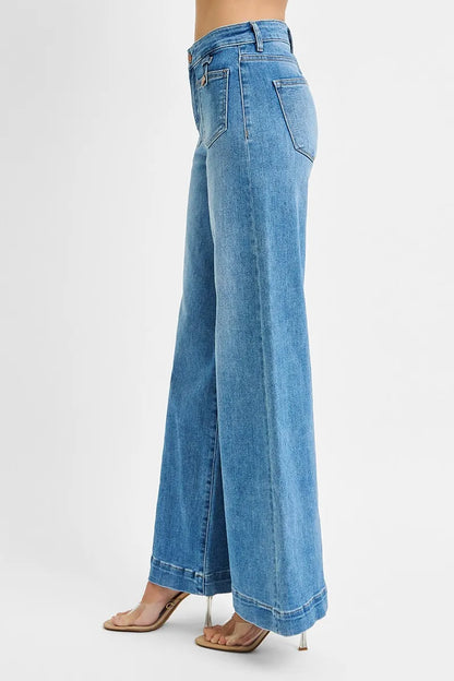 Hazel Blues® | RISEN Mid Rise Wide Front Patch Pocket Jeans