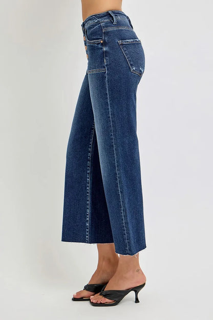 Hazel Blues® | RISEN High Rise Crop Wide Button Up Jeans