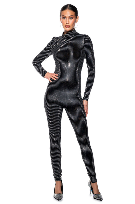 ALL ABOUT ME STRIPED RHINESTONE JUMPSUIT