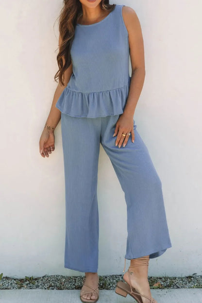 Hazel Blues® |  Color Ribbed Ruffle Tank Top and Pants Set