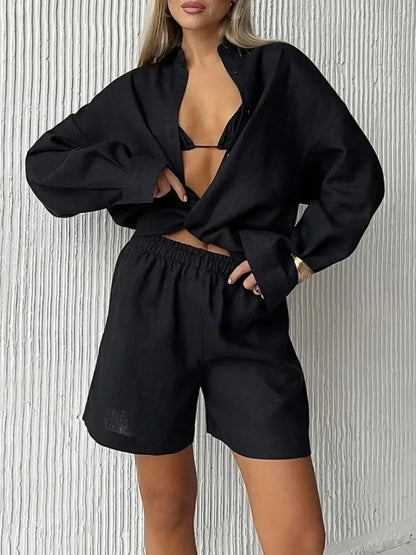 Hazel Blues® |  Button Up Long Sleeve Shirt and Shorts Set