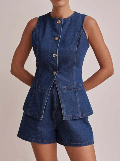 Hazel Blues® |  Button Down Vest and Shorts Denim Set