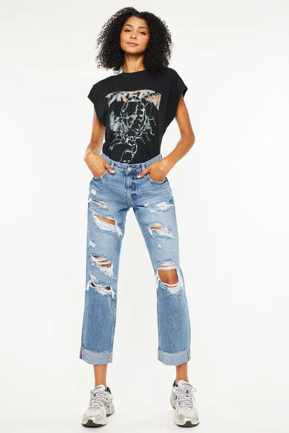 Hazel Blues® |  Kancan Mid Rise Distressed Boyfriend Fit Jeans
