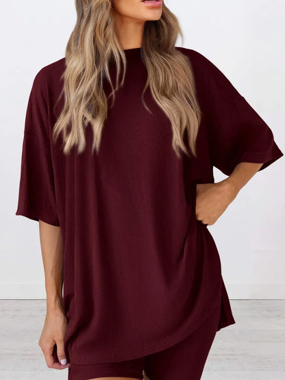 Hazel Blues® | Oversized Slit Round Neck Top and Shorts Lounge Set
