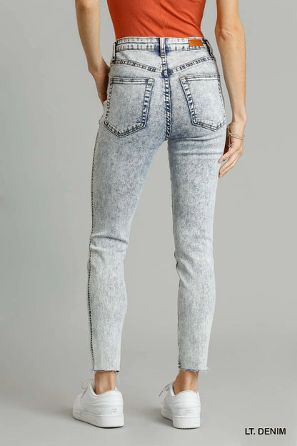 Hazel Blues® |  Umgee 5-Pockets Distressed Detail Stretch Denim Skinny Jeans with Unfinished Hem