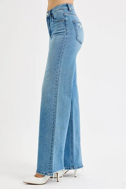 Hazel Blues® | RISEN Distressed Wide Leg Jeans