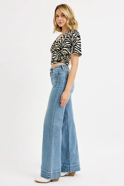 Hazel Blues® | RISEN High Rise Wide Flare Patch Pocket Jeans