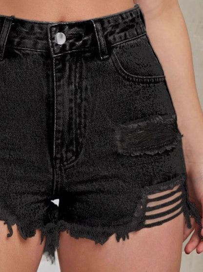 Hazel Blues® |  Distressed Raw Hem High Waist Denim Shorts