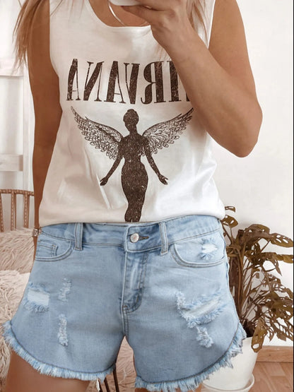 Hazel Blues® |  High Rise Distressed Raw Hem Denim Shorts