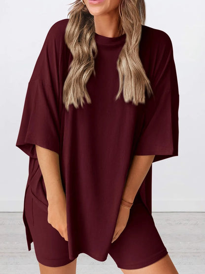 Hazel Blues® | Oversized Slit Round Neck Top and Shorts Lounge Set