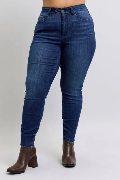 Hazel Blues® | Judy Blue Mid Rise Skinny Jeans with Raw Hem