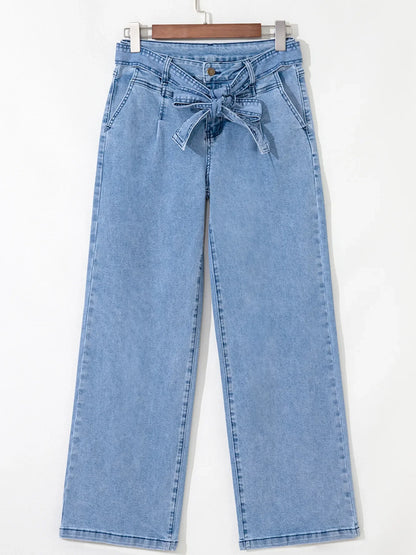 Hazel Blues® |  High Waisted Wide Leg Belted Jeans