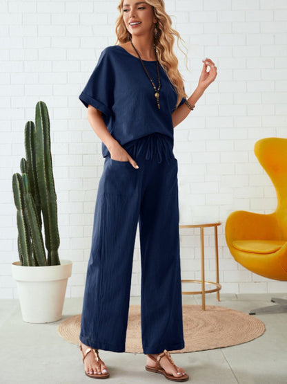 Hazel Blues® |  Round Neck Half Sleeve Top and Pocketed Pants Set