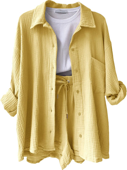 Hazel Blues® |  Textured Button Up Shirt and Shorts Set