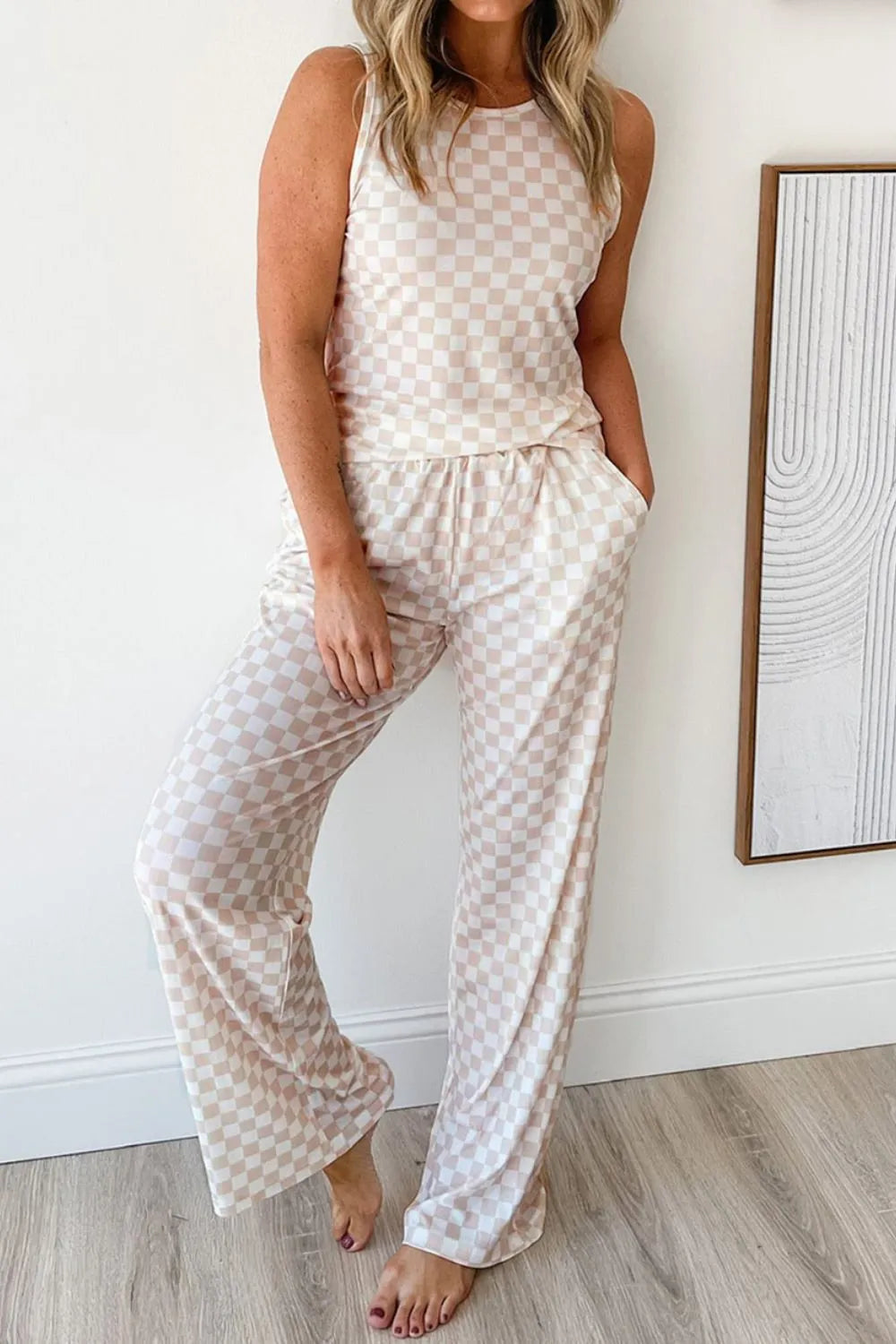Hazel Blues® |  Ribbed Texture Checkered Print Tank and Pants Set